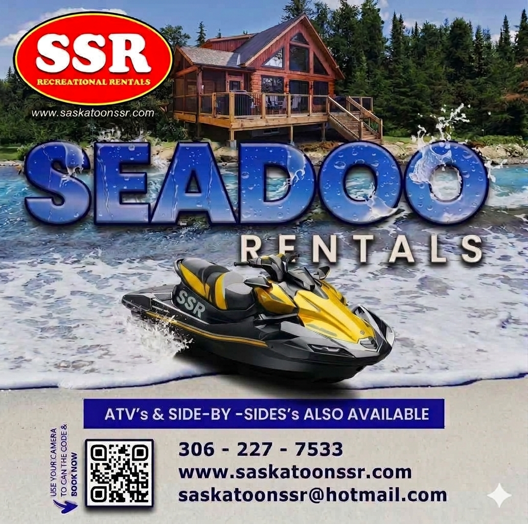 SSR Sea-Doo Rentals poster with a yellow jet ski on the water and a lakeside cabin in the background, large SEA-DOO RENTALS text, and contact info.